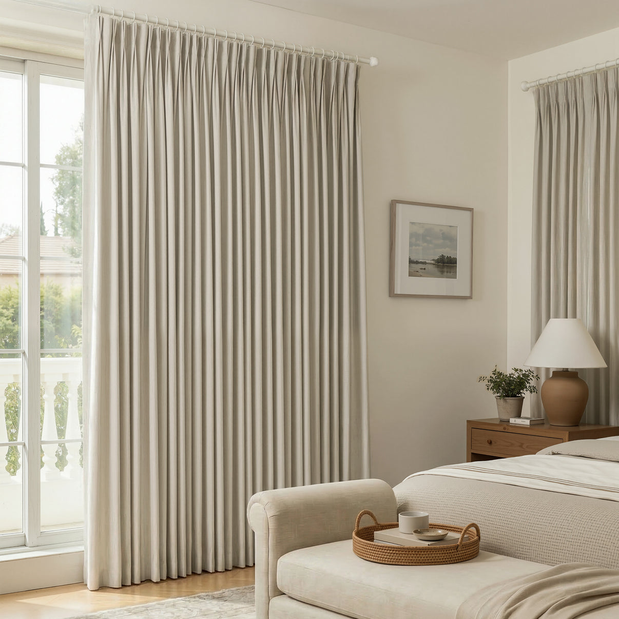 Arden custom satin blackout curtain: light neutral, elegant pleats, lustrous fabric.