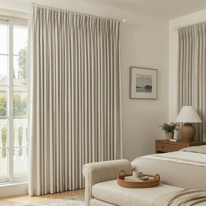 Arden custom satin blackout curtain: light neutral, elegant pleats, lustrous fabric.
