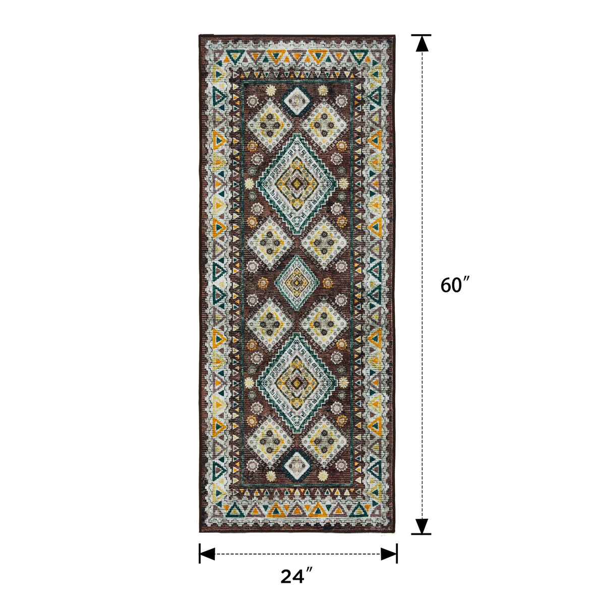 Joydeco 24" x 60" runner rug, brown, white, yellow, teal vintage geometric diamond pattern, non-slip, machine washable.
