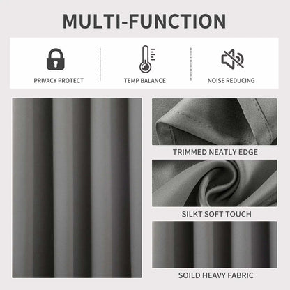 Joydeco blackout curtains: privacy, temp balance, noise reduction, neat edge, soft touch, heavy fabric.