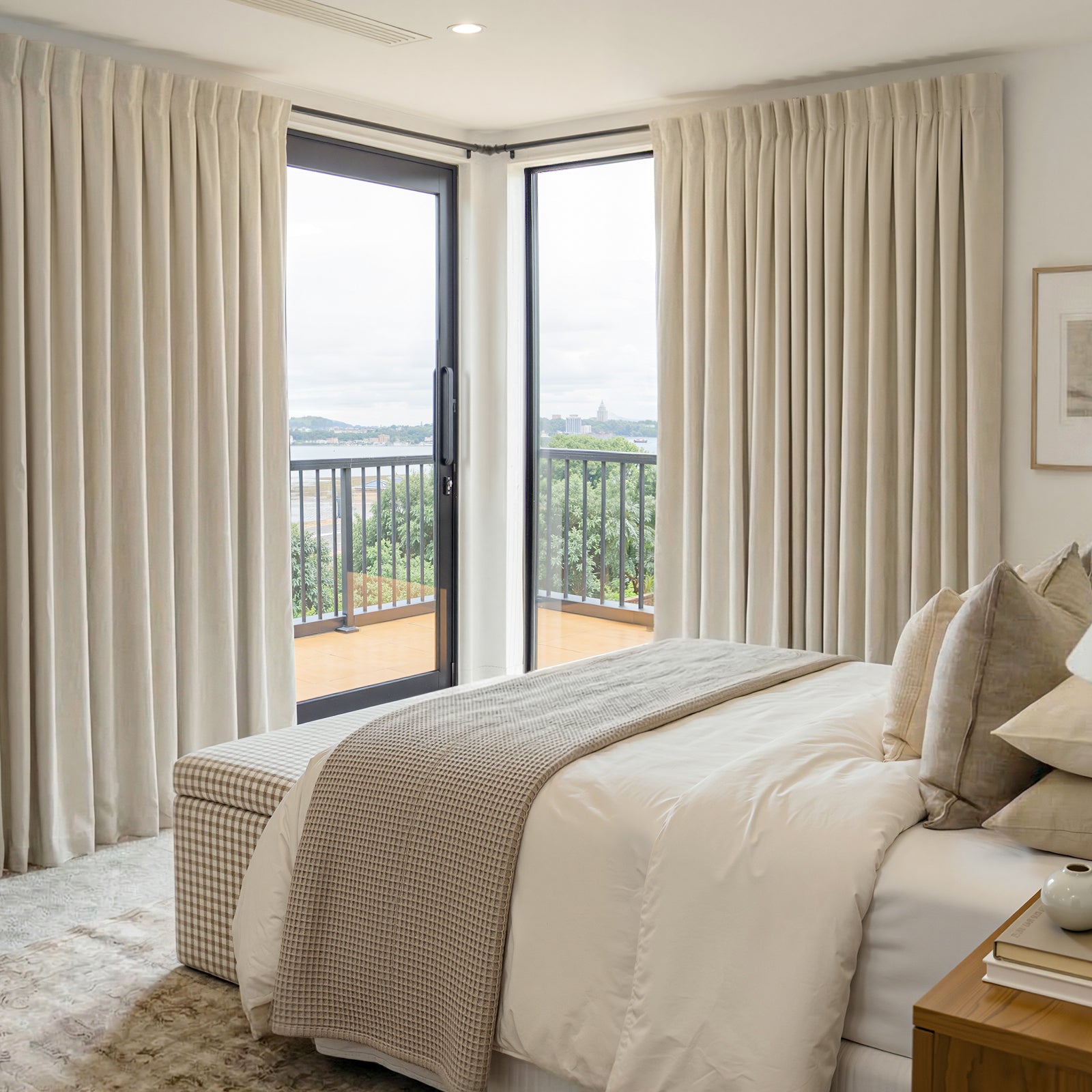 Everly heavyweight chenille room darkening curtains in beige.