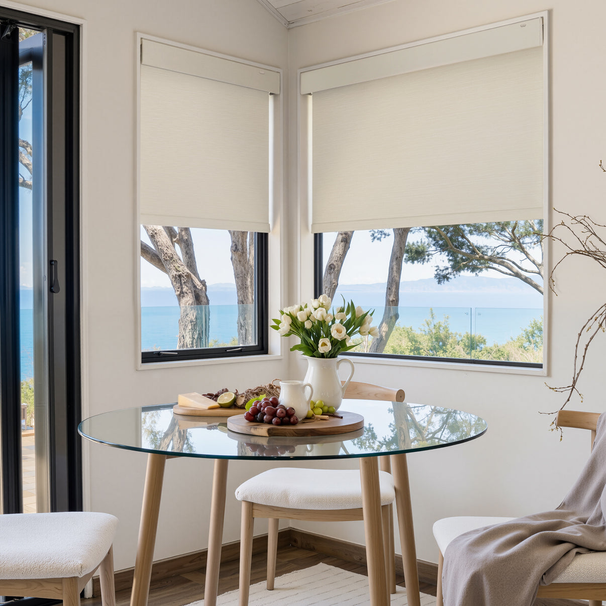 Ashby no-drill blackout roller shade, cream plain weave fabric, matte finish.