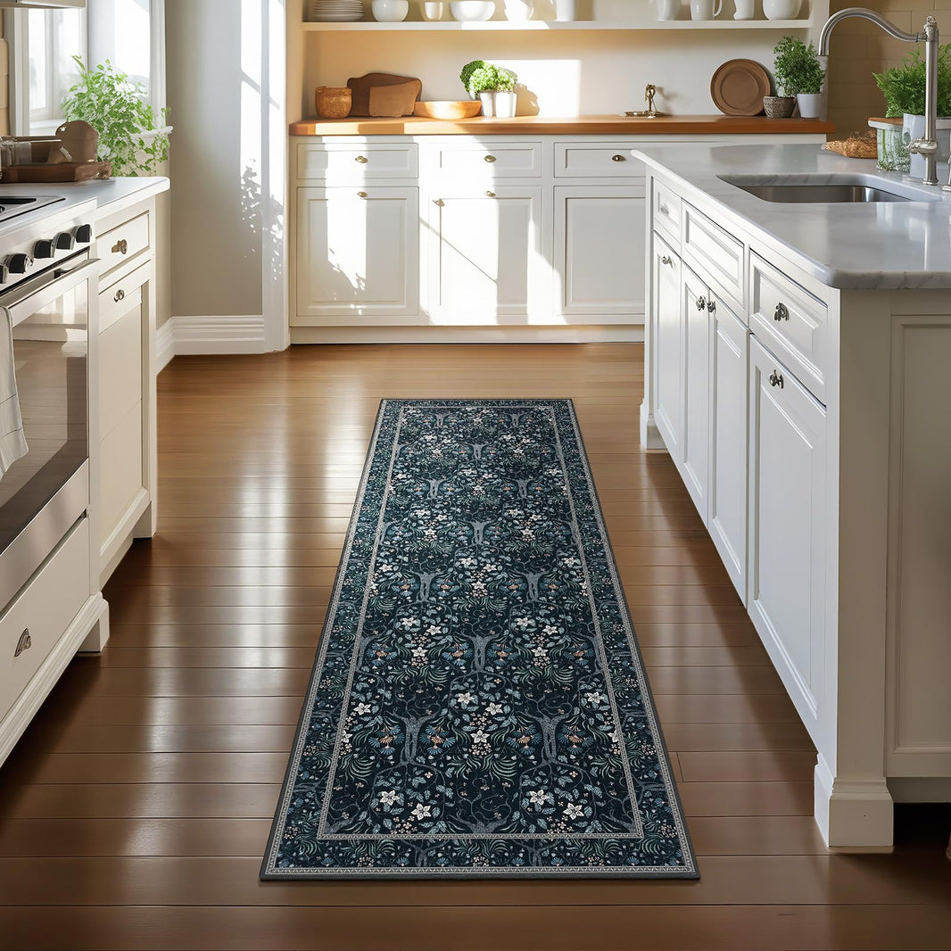 Joydeco Floral Washable Runner Rug for Kitchen, Forest Hallway Non Slip, Boho Botanical Ultra-Thin Soft Indoor Floor Throw Carpet for Bathroom Entryway Foyer