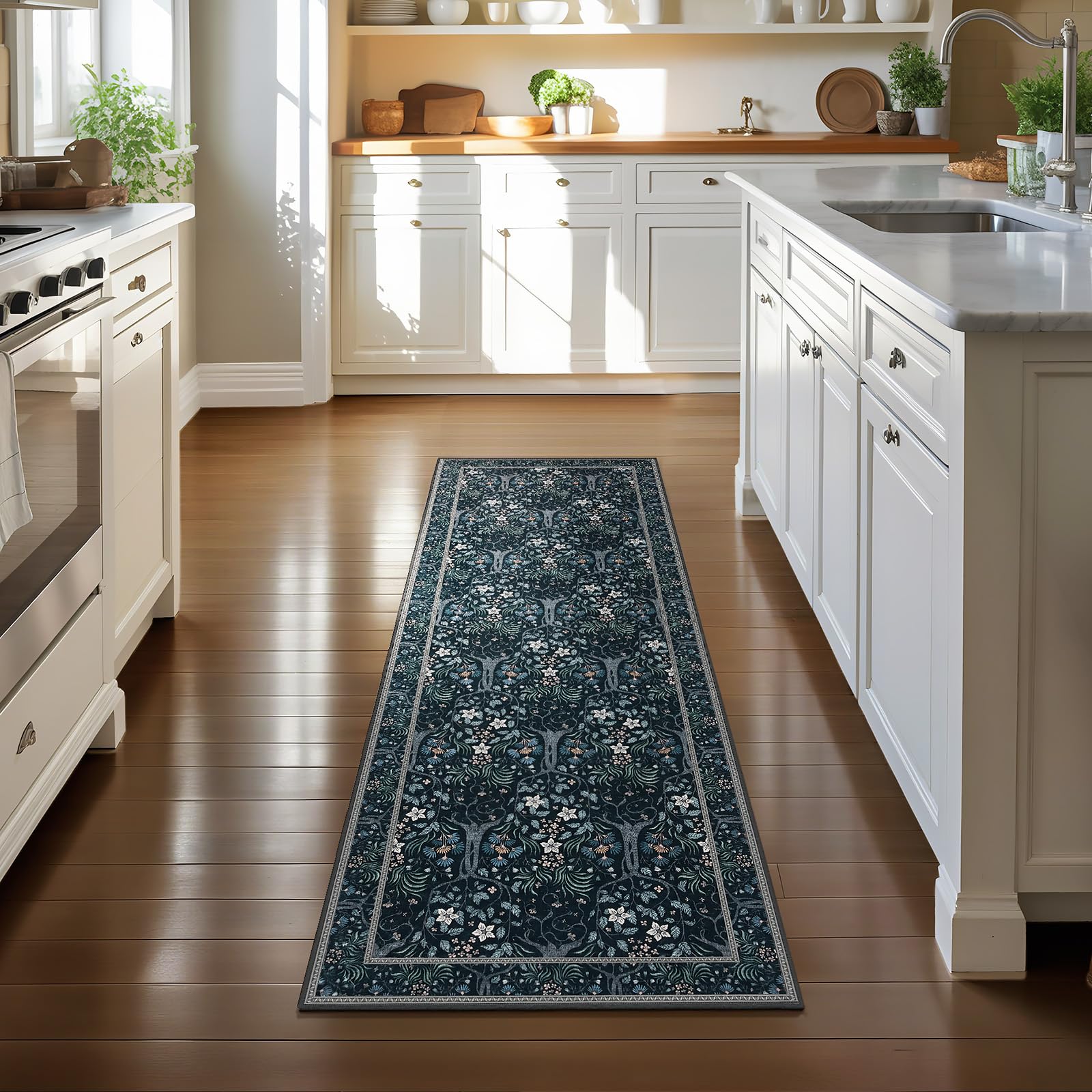 Joydeco Floral Washable Runner Rug for Kitchen, Forest Hallway Non Slip, Boho Botanical Ultra-Thin Soft Indoor Floor Throw Carpet for Bathroom Entryway Foyer