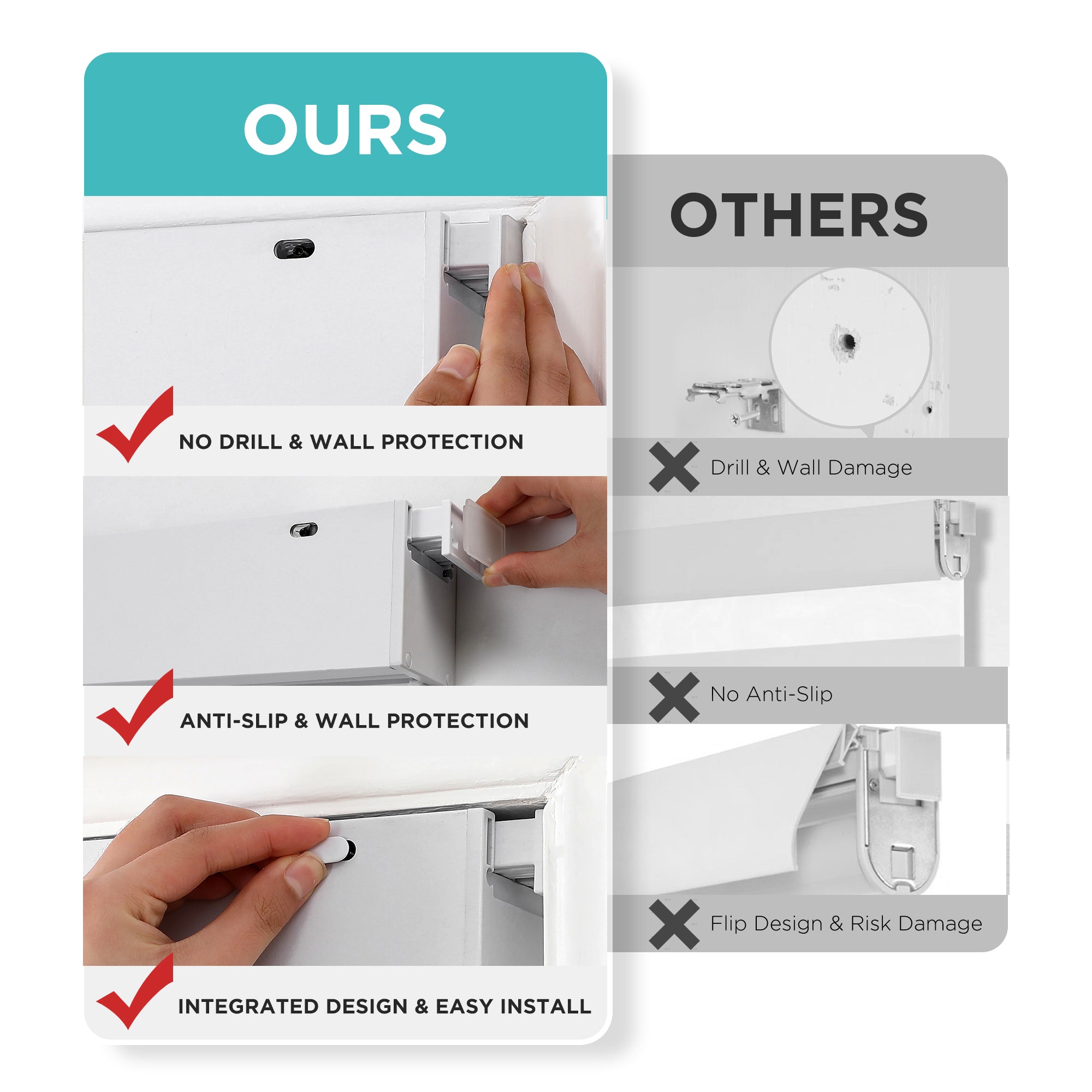 Joydeco no-drill zebra blinds: easy install, anti-slip, wall protection compared to others.