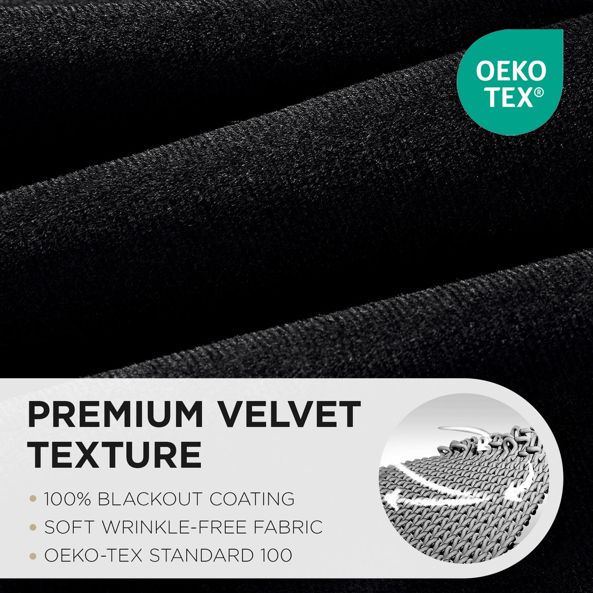 Close-up of black velvet fabric showcasing premium texture, 100% blackout coating, and OEKO-TEX Standard 100 certification.