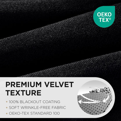 Close-up of black velvet fabric showcasing premium texture, 100% blackout coating, and OEKO-TEX Standard 100 certification.