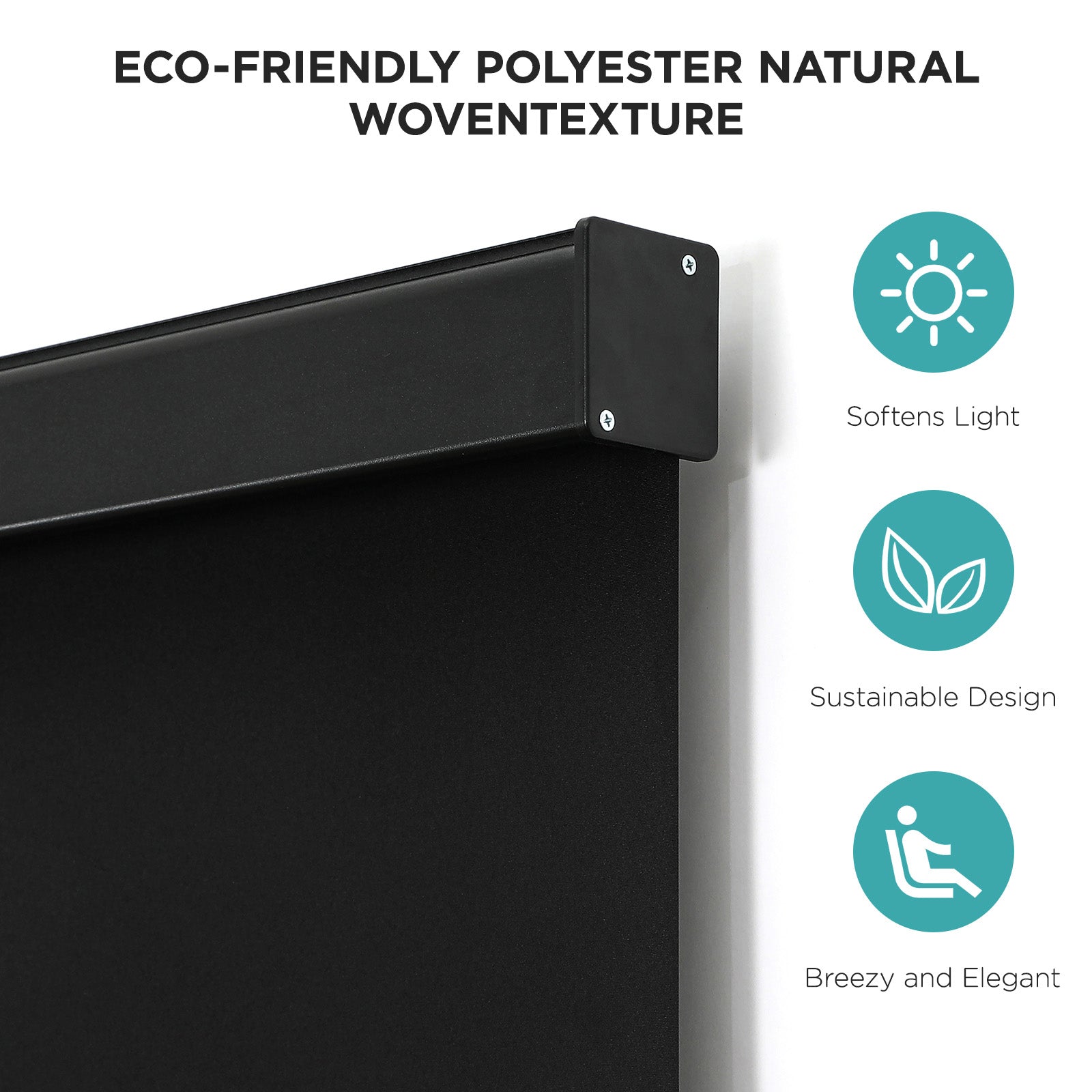 Black cordless blackout roller shade: woven polyester texture, aluminum valance, blocks 100% light, sustainable.