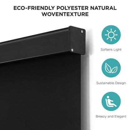 Black cordless blackout roller shade: woven polyester texture, aluminum valance, blocks 100% light, sustainable.