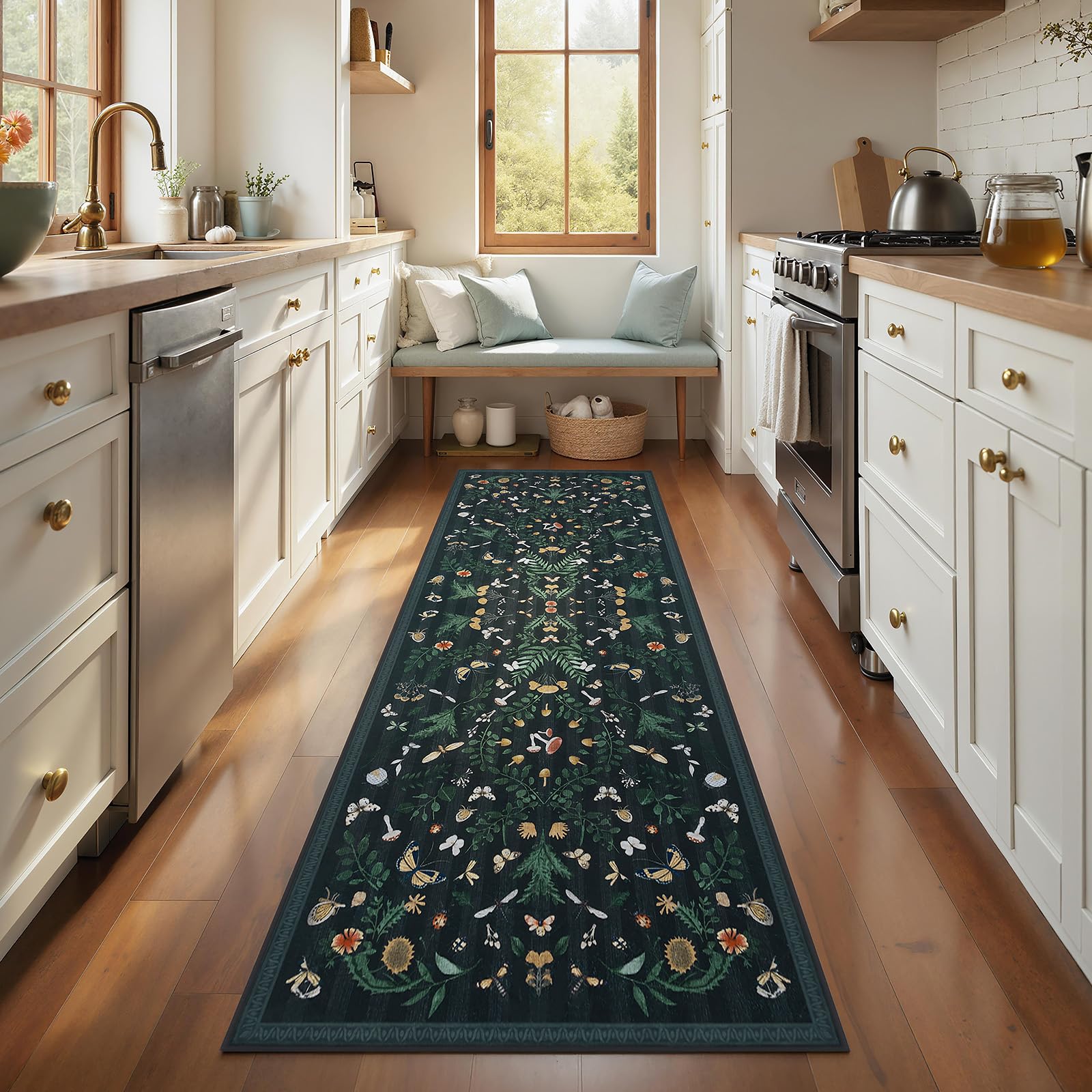 Joydeco Insect Washable Bathroom Rug, Botanical Kitchen Runner Rug Non Slip, Boho Ultra-Thin Soft Indoor Floor Carpet Runners for Hallways Entryway Entrance Laundry