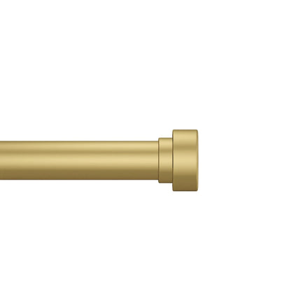 Brushed brass 1-inch diameter adjustable curtain rod showing telescoping joint and minimalist finial on white background.