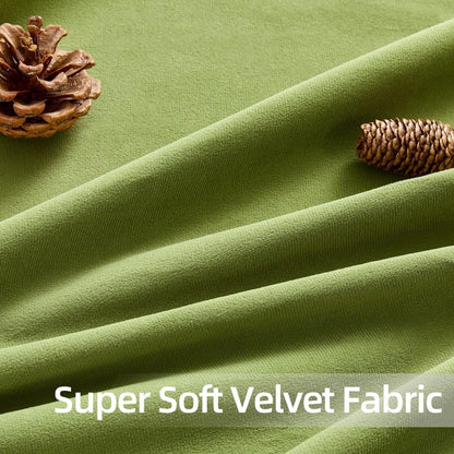 Close-up of moss green velvet curtain fabric, showcasing plush texture and elegant drape with decorative pinecones.