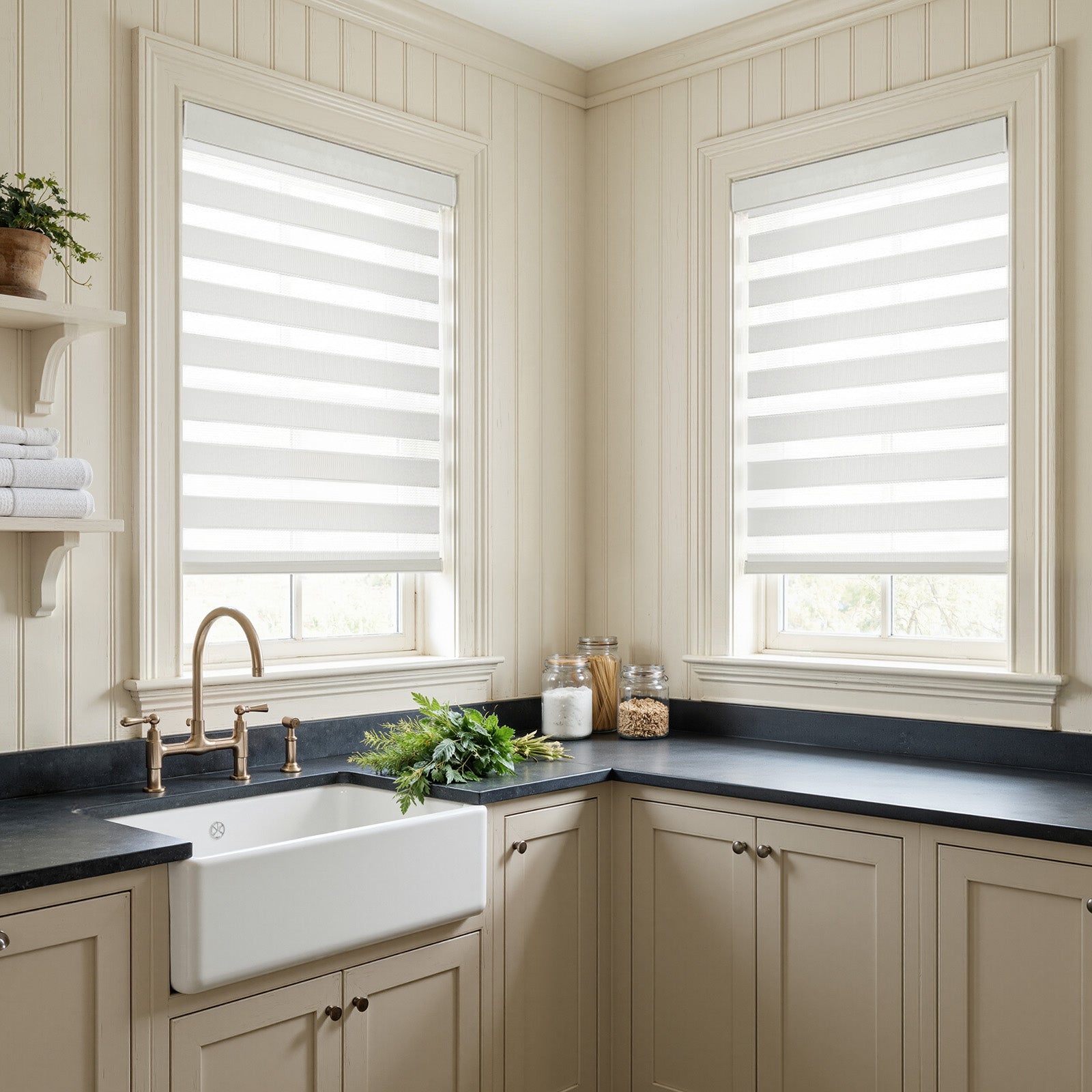 Joydeco Marlow light filtering zebra shade with alternating sheer & solid bands.