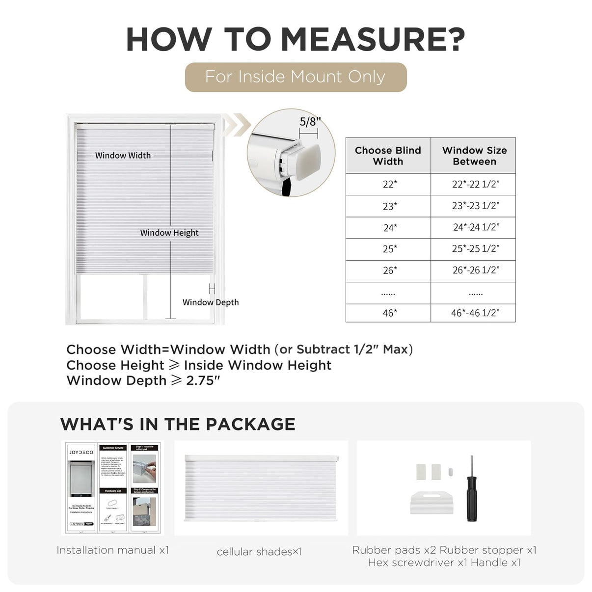 No-drill cordless blackout honeycomb shades: inside mount measuring guide and package contents.
