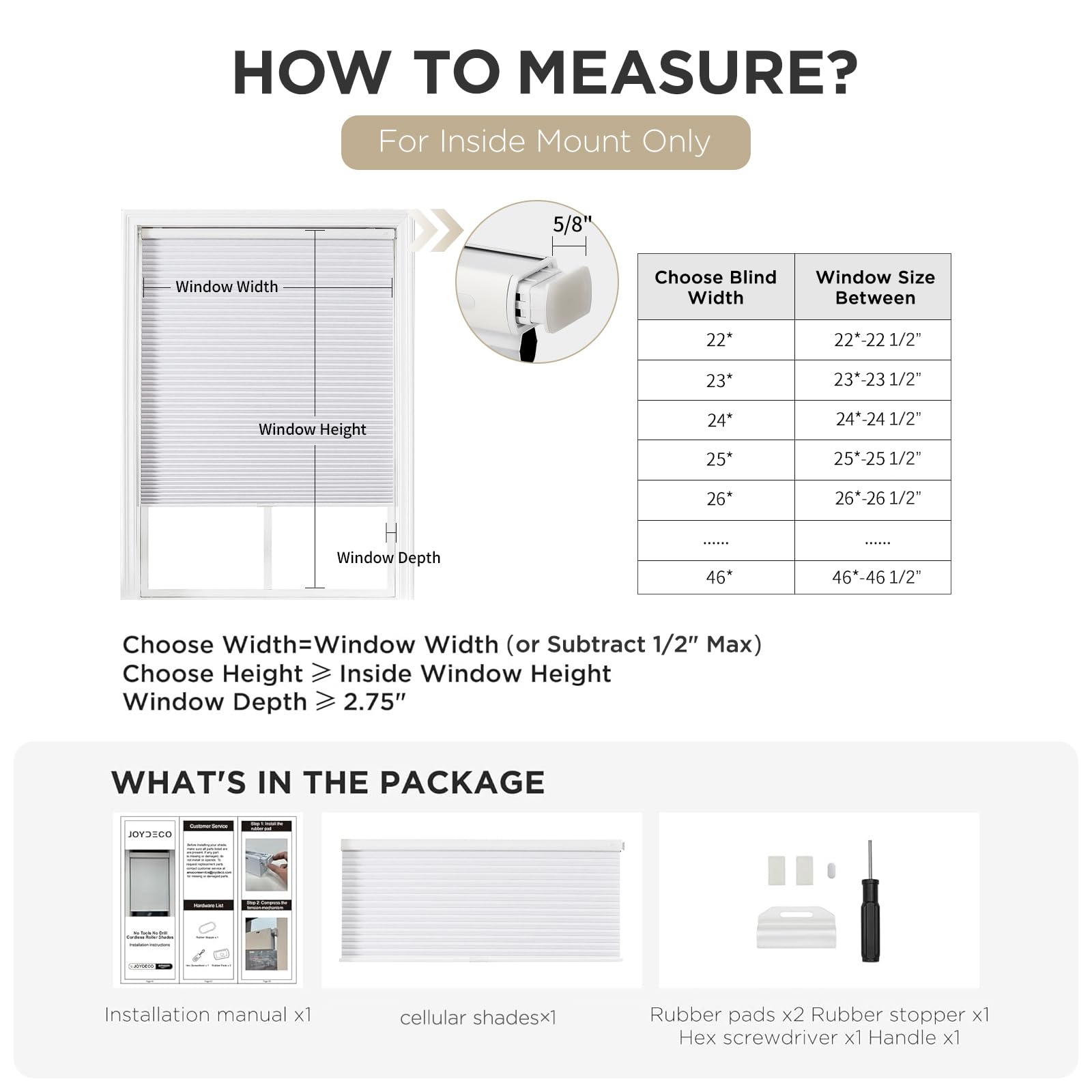 No-drill cordless blackout honeycomb shades: inside mount measuring guide and package contents.