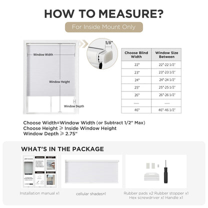 No-drill cordless blackout honeycomb shades: inside mount measuring guide and package contents.