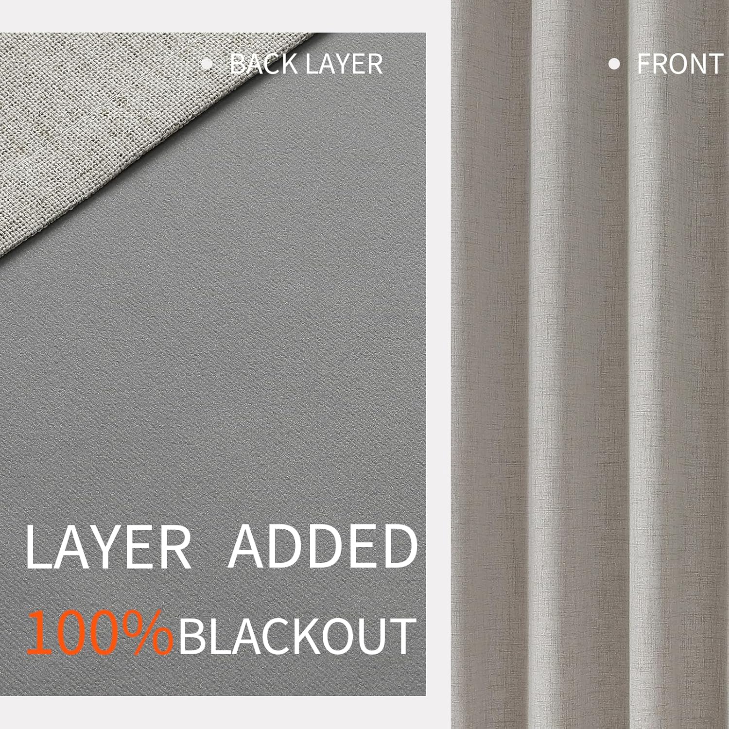 Greyish white faux linen curtains: textured front, grey back layer for 100% blackout.