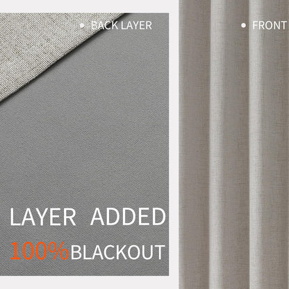 Greyish white faux linen curtains: textured front, grey back layer for 100% blackout.
