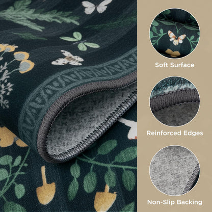 Joydeco Insect Washable Bathroom Rug, Botanical Kitchen Runner Rug Non Slip, Boho Ultra-Thin Soft Indoor Floor Carpet Runners for Hallways Entryway Entrance Laundry