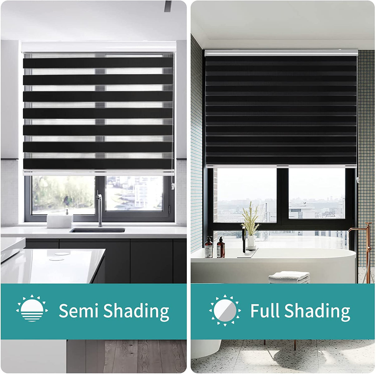 Joydeco black cordless zebra blinds in kitchen semi-shading and bathroom full-shading, dual-layer roller shades.