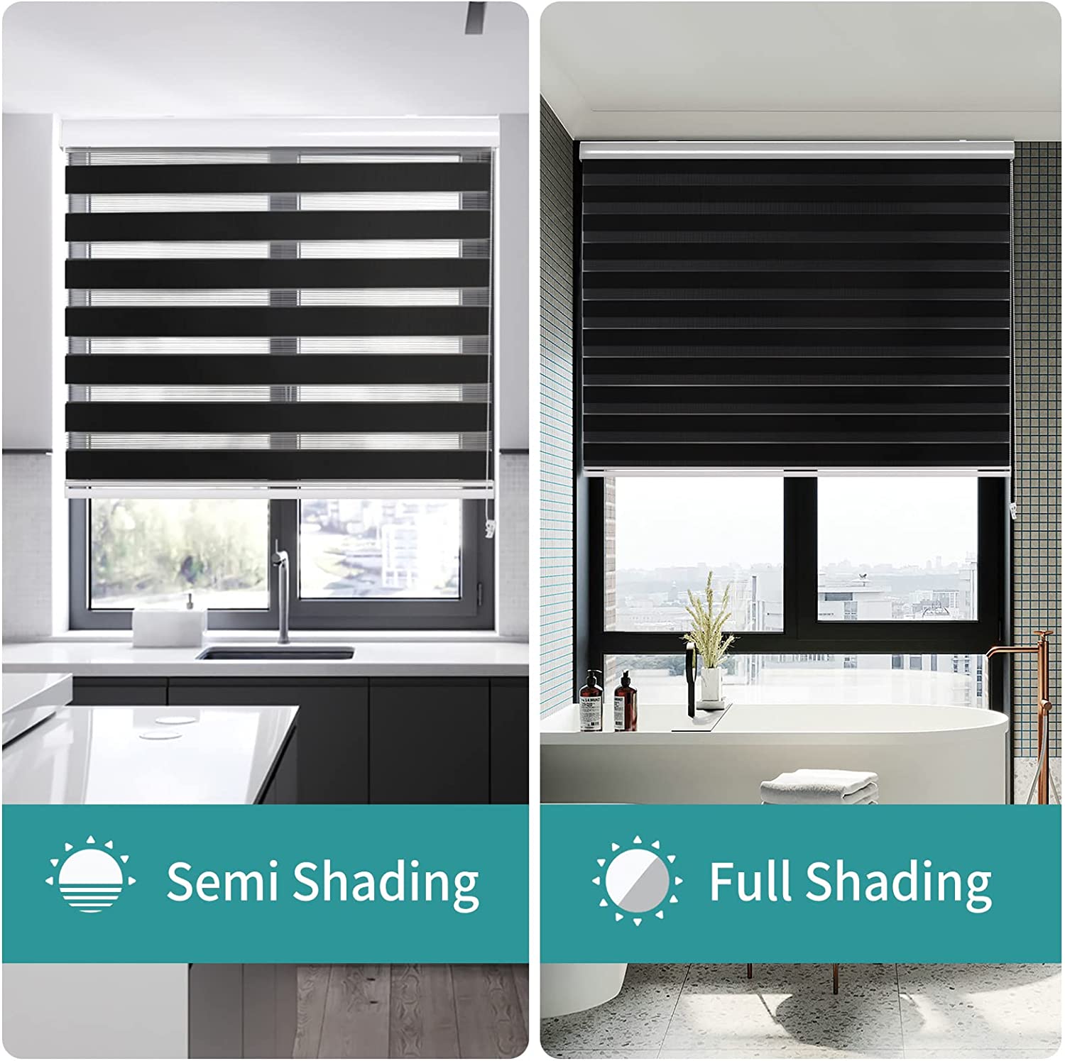 Joydeco black cordless zebra blinds in kitchen semi-shading and bathroom full-shading, dual-layer roller shades.