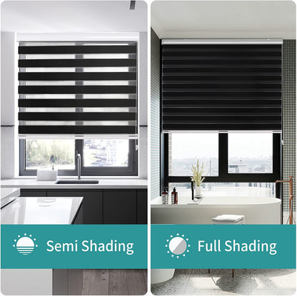 Joydeco black cordless zebra blinds in kitchen semi-shading and bathroom full-shading, dual-layer roller shades.
