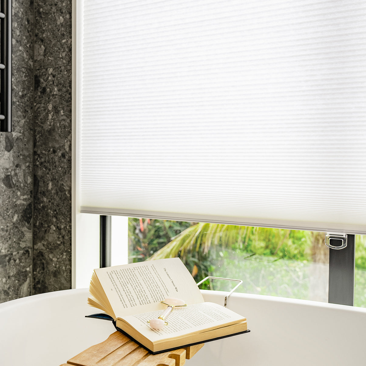 Joydeco Solace Light Filtering Cellular Shade, white blind for soft light and privacy.