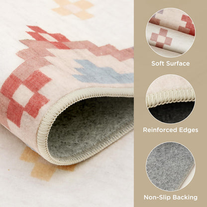 Joydeco Checkered Pink Kitchen Runner Rug Non Slip, Washable Bathroom, Modern Soft Low-Pile Ultra Thin Indoor Floor Throw Carpet for Bedroom Laundry Room Entrance Entryway