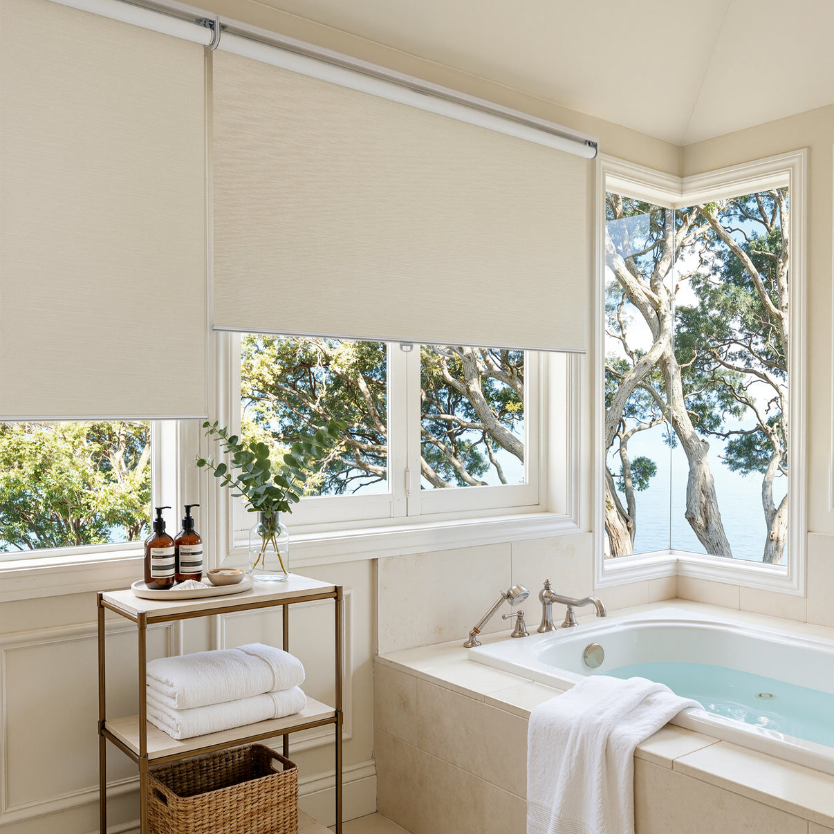 Ashby beige blackout roller shade: minimalist plain weave window treatment.