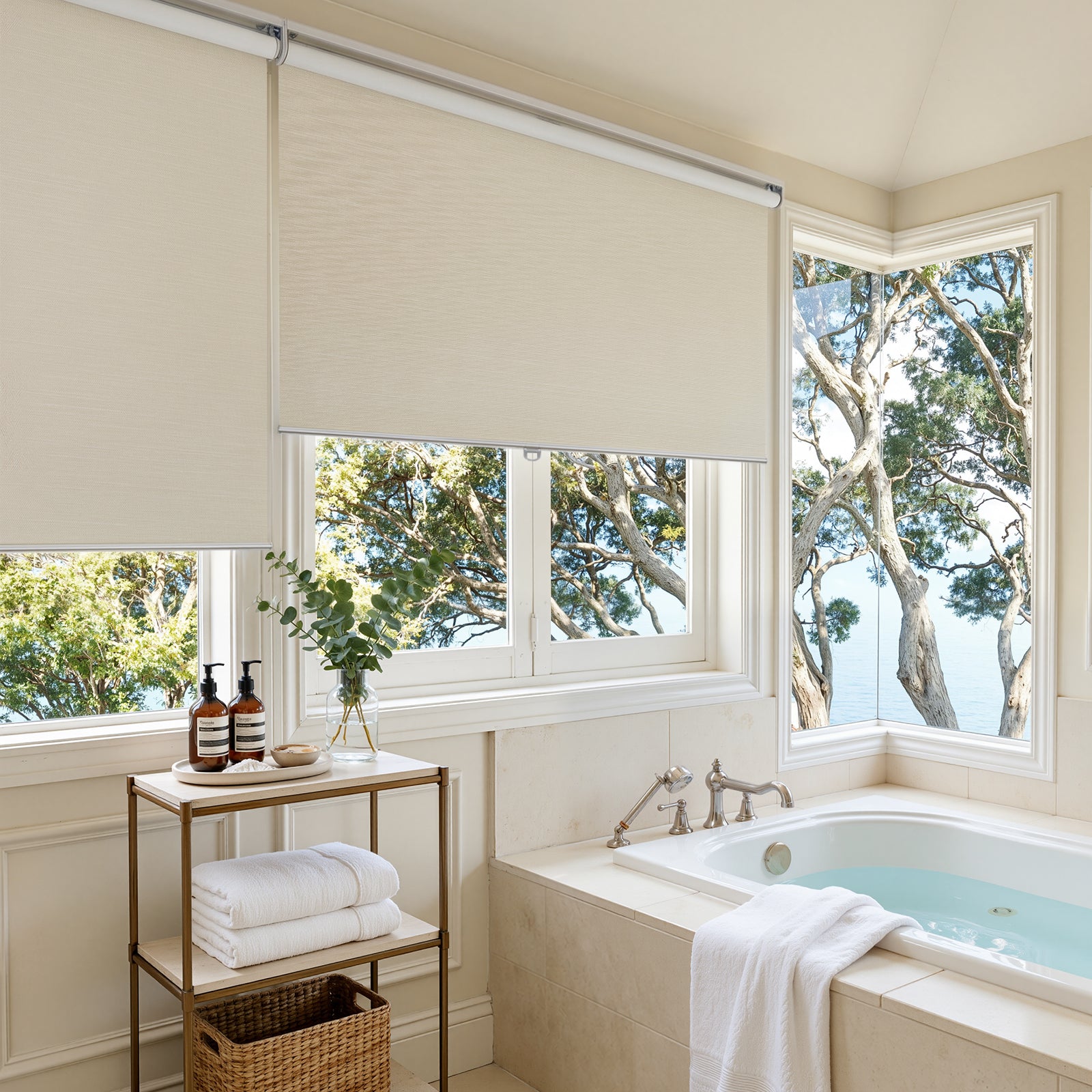 Ashby beige blackout roller shade: minimalist plain weave window treatment.