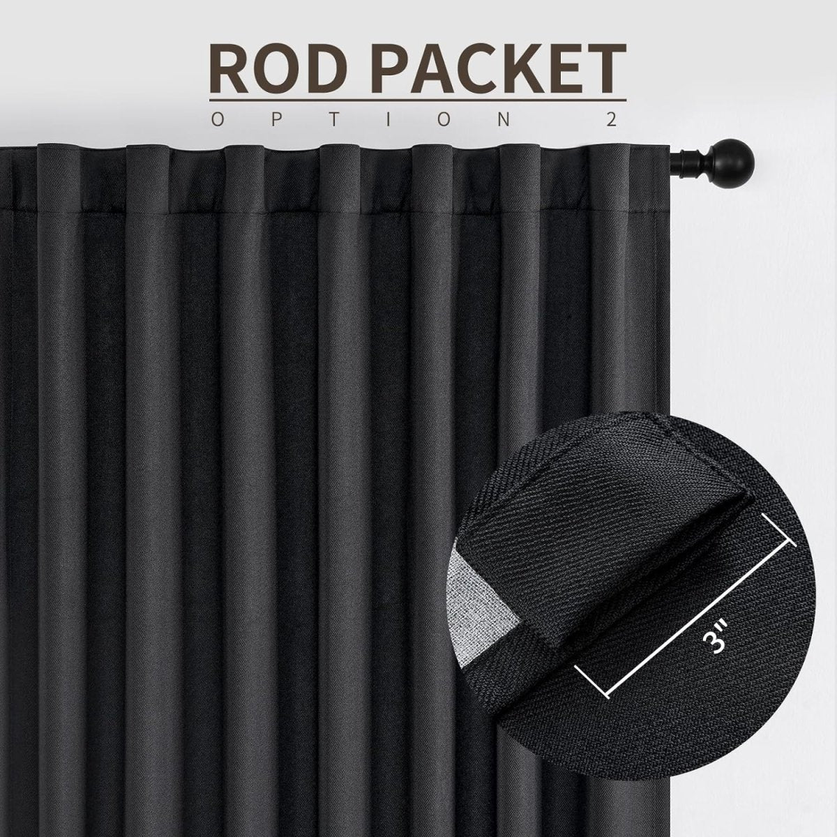 Black faux linen blackout curtains: 3" rod pocket hanging option shown for window drapes.