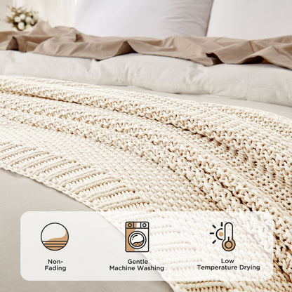 Joydeco Chunky Cable Knit Throw Blanket, Lightweight 100% Cotton Soft Cozy Throw Twin Blanket for Couch Bed and Sofa, Rustic Breathable Farmhouse Blanket Gift for Women Men