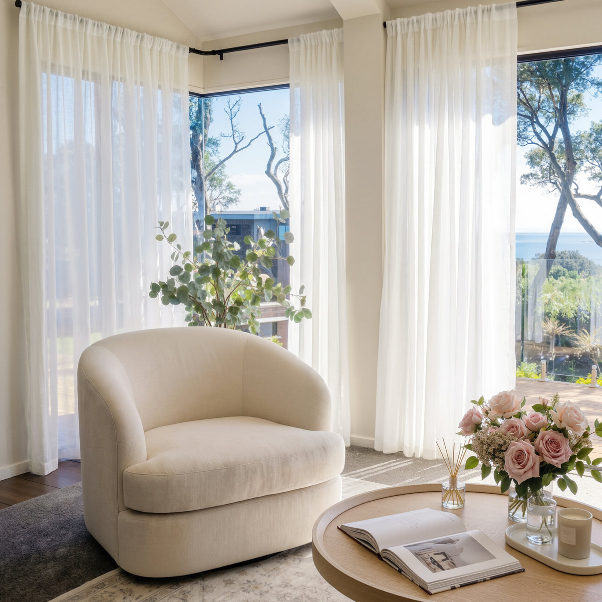 Feather custom white sheer curtains, Dori polyester, airy & elegant window treatments.