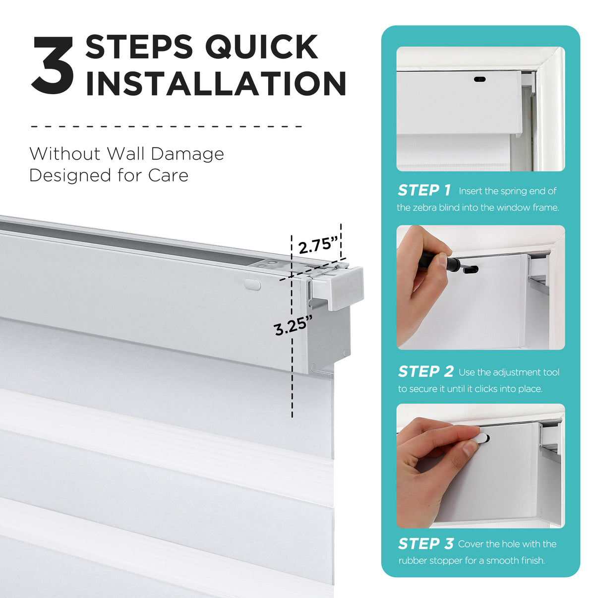 3-step no-drill installation diagram for white cordless zebra blinds, inside mount, no wall damage. Dimensions included.