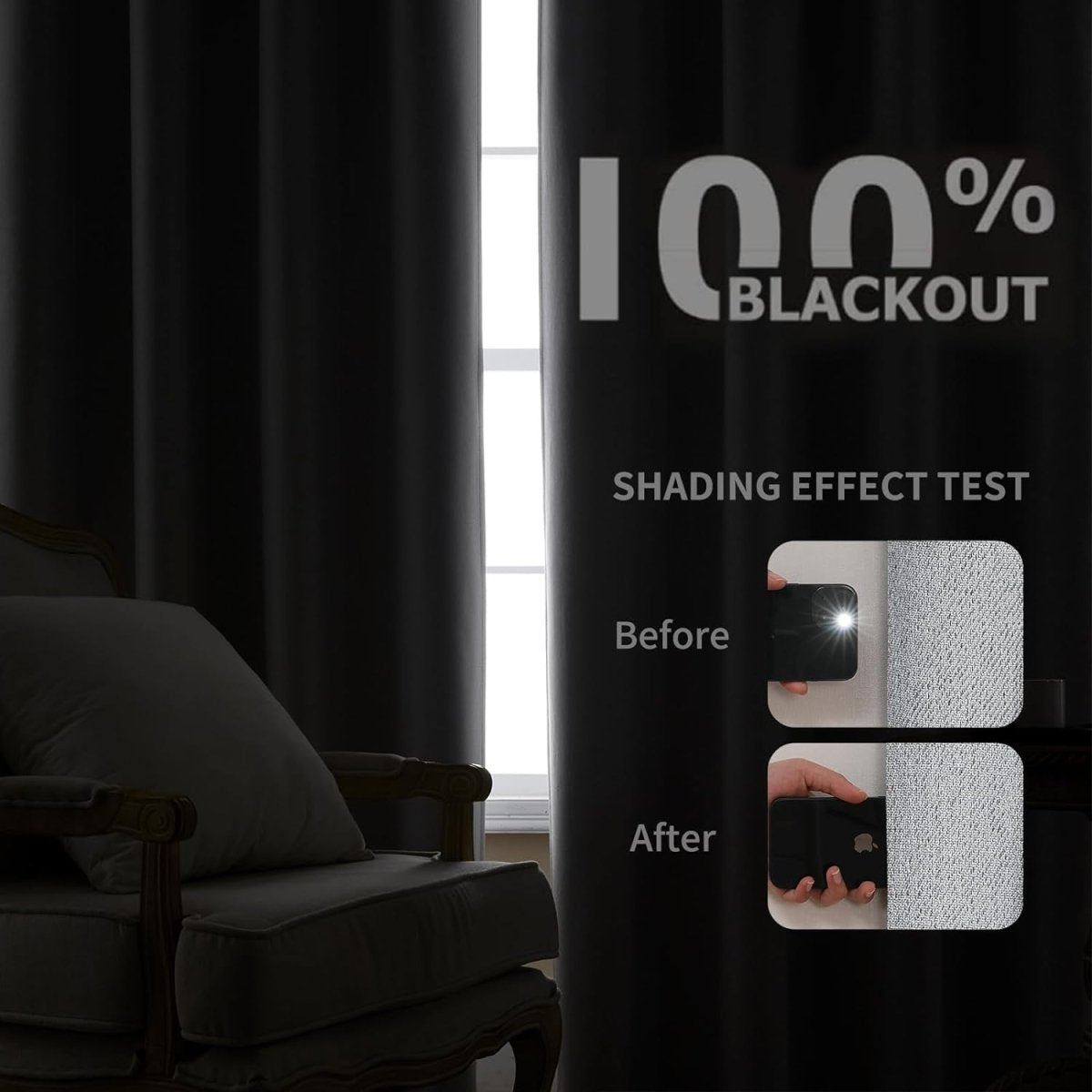 Joydeco 100% blackout curtains demonstration, showing light blocking effectiveness before and after.