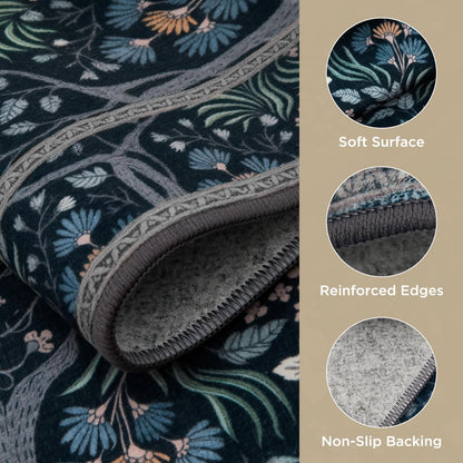 Joydeco Floral Washable Runner Rug for Kitchen, Forest Hallway Non Slip, Boho Botanical Ultra-Thin Soft Indoor Floor Throw Carpet for Bathroom Entryway Foyer