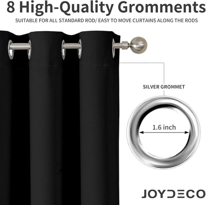 Joydeco black blackout curtain with 8 silver grommets, 1.6 inch diameter for easy rod movement.