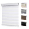 White cordless no-drill zebra blinds showing light filtering stripes. Swatches in beige, gray, brown, black.