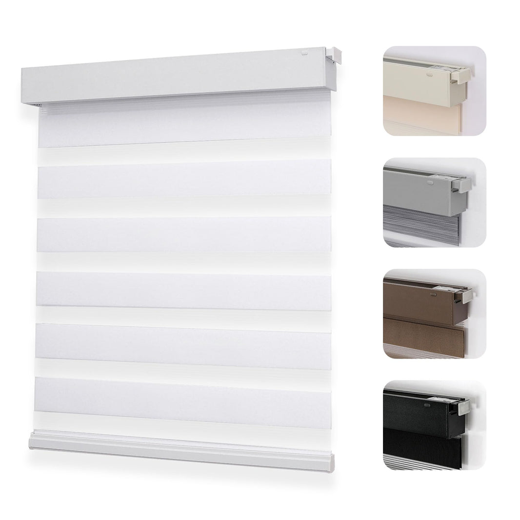 White cordless no-drill zebra blinds showing light filtering stripes. Swatches in beige, gray, brown, black.