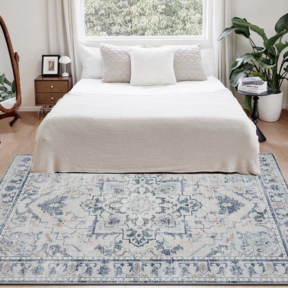 Joydeco Living Room Rug, Non Slip Machine Washable Vintage Runner Rug, Low Pile Lightweight Chenille Print Rugs for Entryway, Hallway, Bedroom, Kitchen and Corridor
