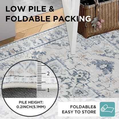 Joydeco Living Room Rug, Non Slip Machine Washable Vintage Runner Rug, Low Pile Lightweight Chenille Print Rugs for Entryway, Hallway, Bedroom, Kitchen and Corridor