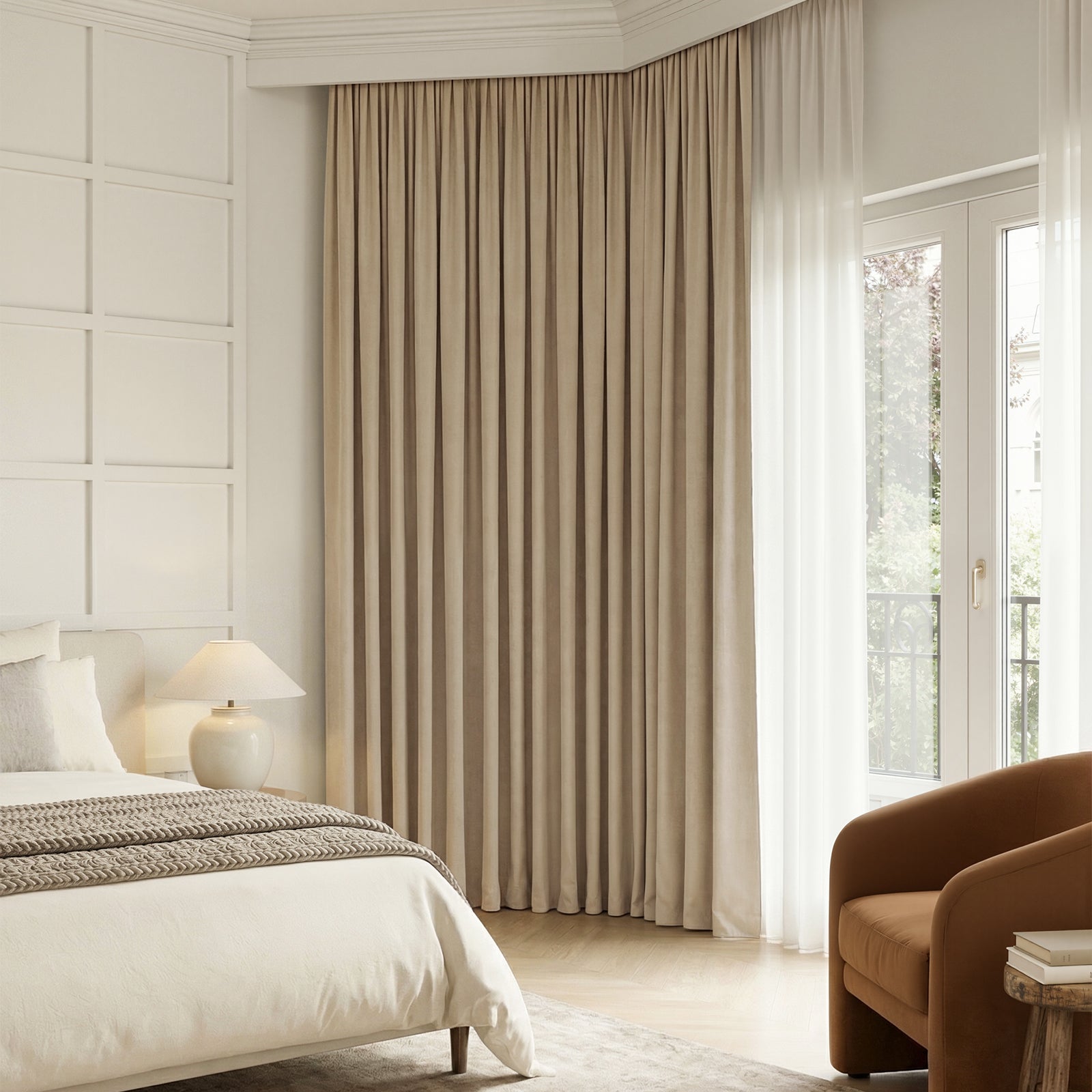 Bennett Chenille Blackout Curtain in beige with plush texture, custom window treatment.