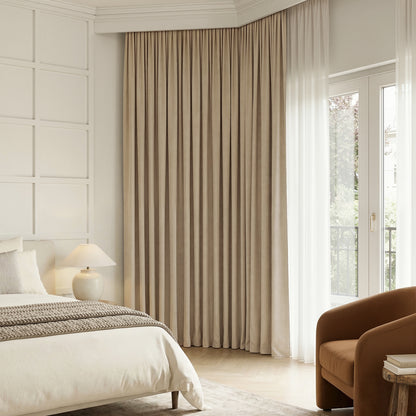 Bennett Chenille Blackout Curtain in beige with plush texture, custom window treatment.
