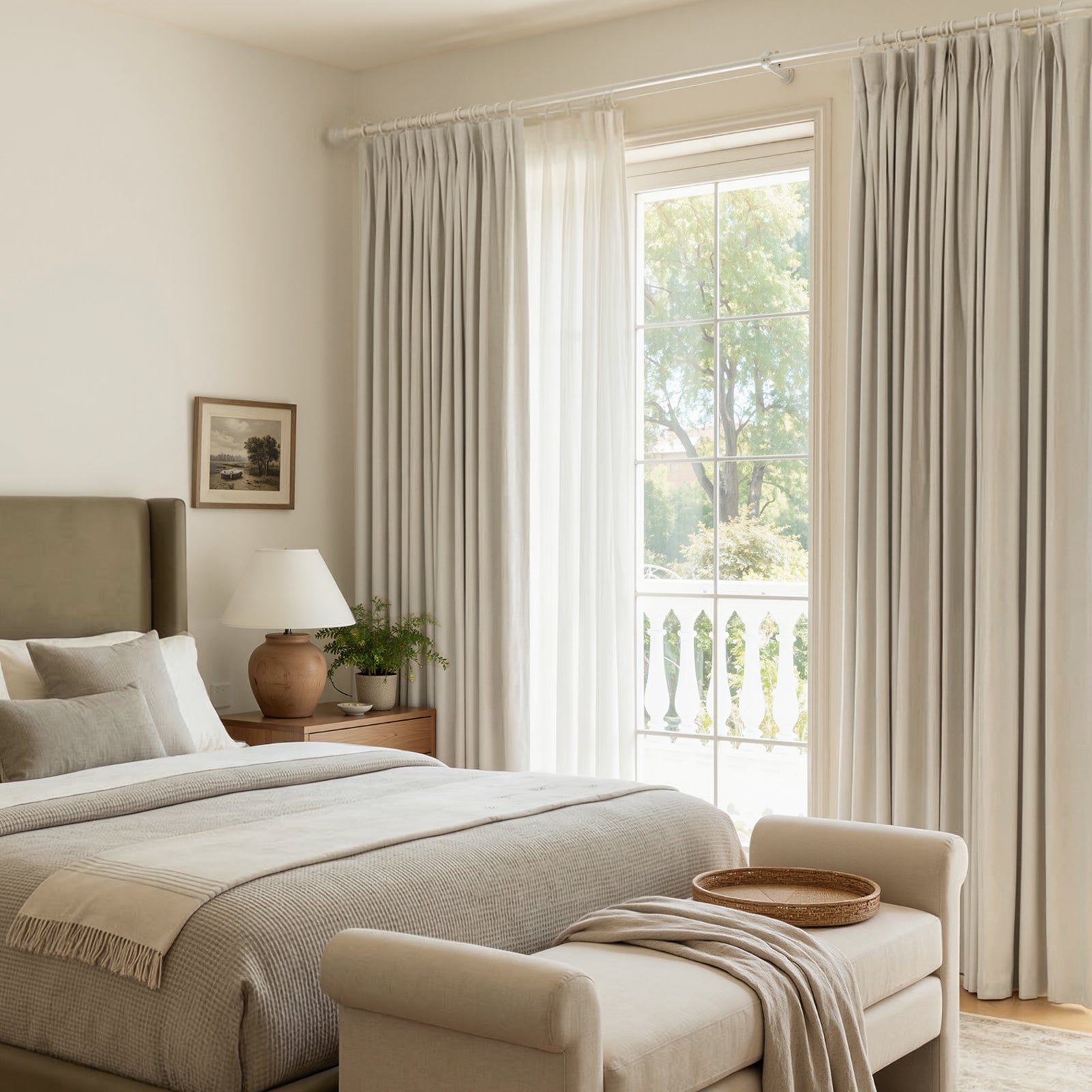 Custom beige Arden Satin blackout curtain panel for elegant window treatments.