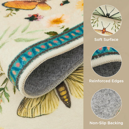 Joydeco Insect Bathroom Rugs Non Slip Washable, Floral Kitchen Rugs Non Slip, Soft Low-Pile Ultra Thin Boho Indoor Floor Throw Carpet for Entryway Bedroom Laundry Entrance