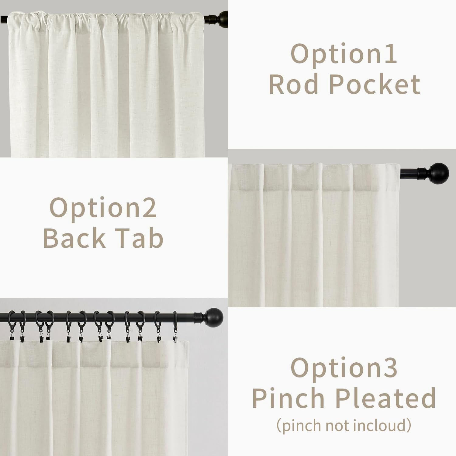 Joydeco natural linen-blend curtains showing rod pocket, back tab, and clip ring hanging styles.