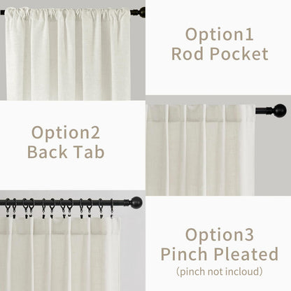 Joydeco natural linen-blend curtains showing rod pocket, back tab, and clip ring hanging styles.