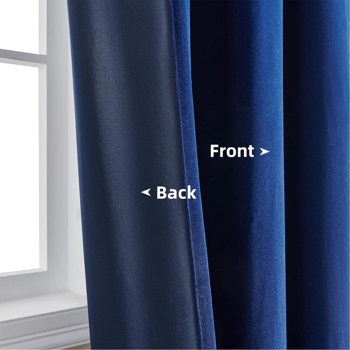 Royal blue velvet curtain front and back lining construction, showing plush velvet texture and thermal insulated backing.