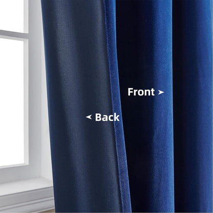 Royal blue velvet curtain front and back lining construction, showing plush velvet texture and thermal insulated backing.