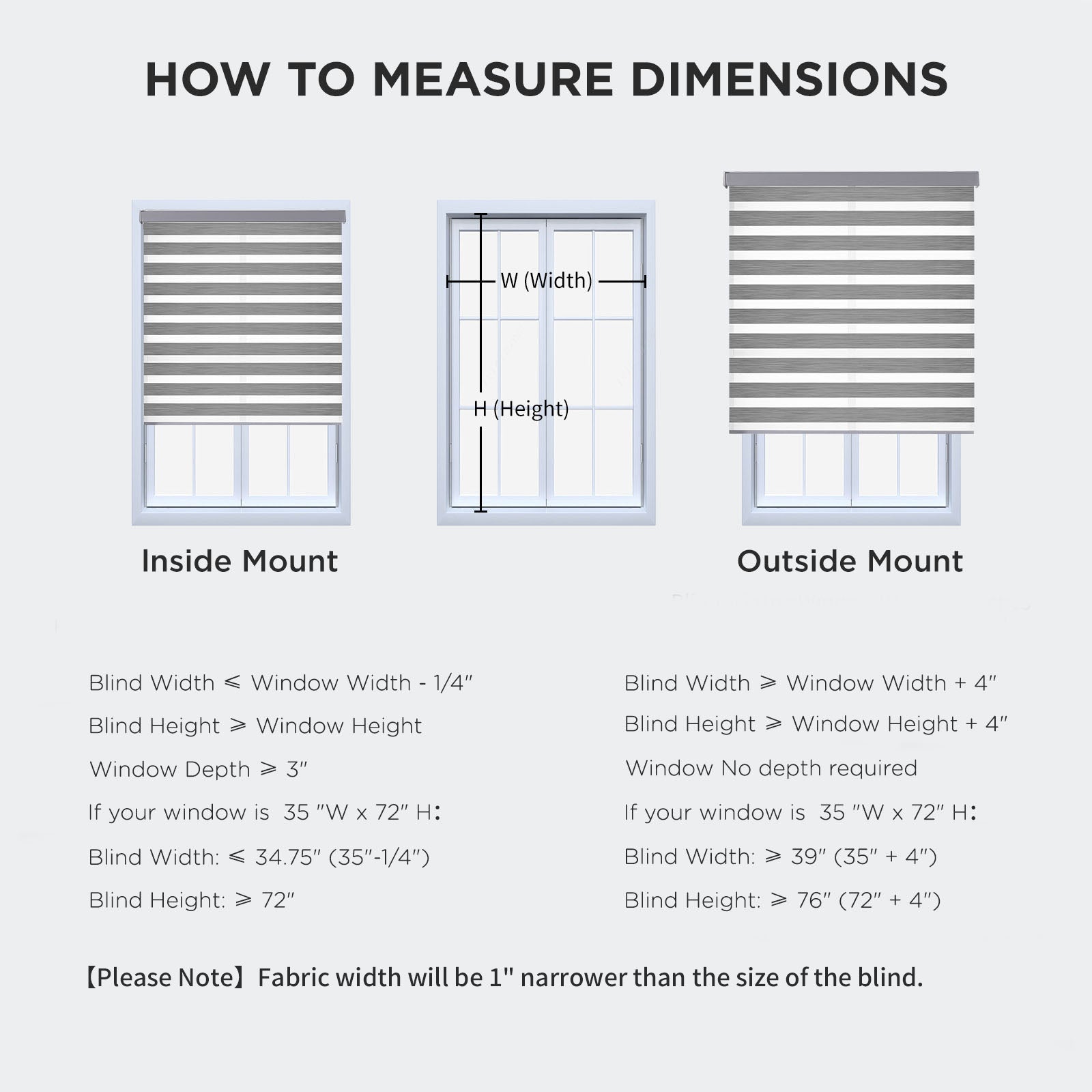 Diagram for measuring windows for Joydeco cordless zebra blinds: inside vs. outside mount installation and sizing examples.